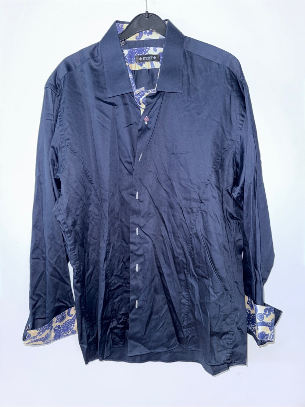 ETZO Men's Navy Blue Dress Shirt Contrast Paisley Trim Slim‎ Fit XXL